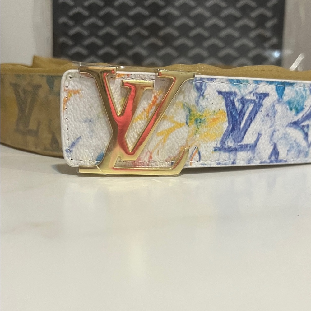 White Multicolor Monogram Belt with Gold Buckle